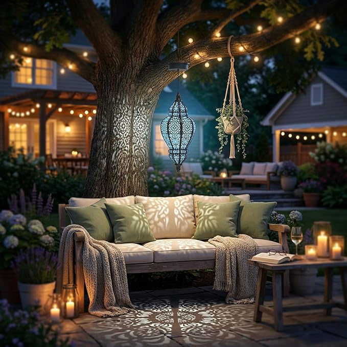 Hanging Solar Lights Outdoor Garden Decor Solar Lantern Waterproof Plastic Moroccan Outdoor Decorations for Patio Pathway Yard Backyard Garden Decorative (Black, 1)