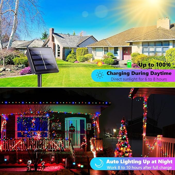Solar String Strawberry Lights Outdoor 2 Pack 200 LED 80Ft Multi-Color Christmas Fairy Lights with 8 Lighting Modes, Waterproof Solar Lights Outdoor for Garden Christmas Wedding Xmas Tree Decoration