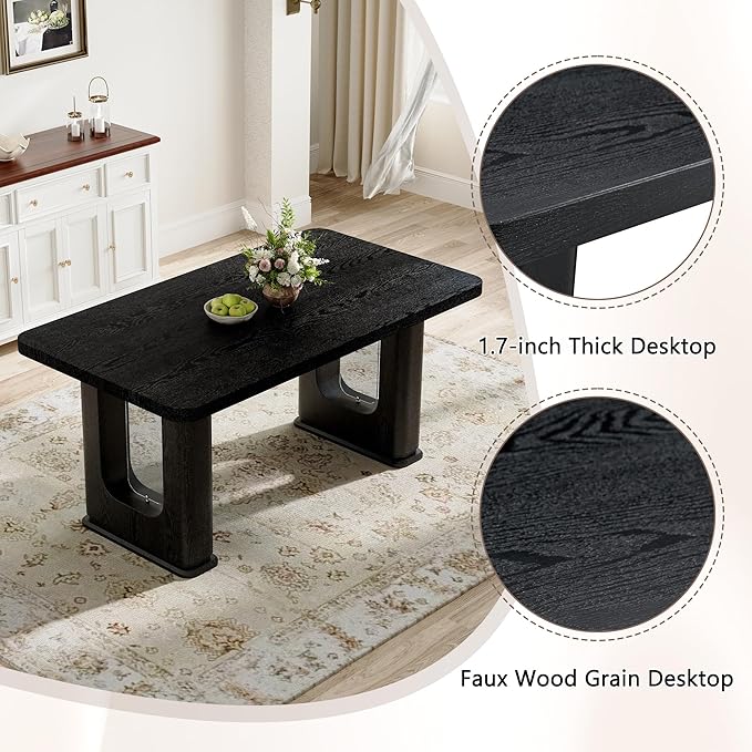 Dining Room Table for 6 - Black Faux Marble Dining Table with 1.7-Inch Thick Seamless Tabletop and Dual Pedestal Base,64.5'' Mid Century Modern Dining Table Ideal for Kitchen,Home Office