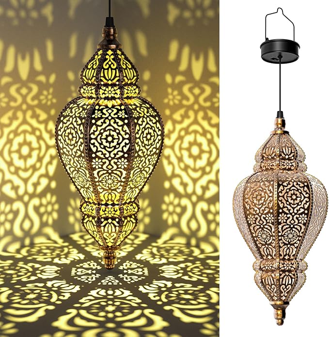 Moroccan Hanging Solar Lights Outdoor Lantern Bidirectional Availabili Garden Decor Waterproof Plastic Gold Decorations for Patio Pathway Yard Backyard Solar Powered Garden Decorative (1, gold)