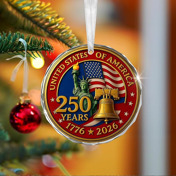 FLAGWIX 250th Anniversary USA Ornament for Patriotic Christmas Decorations - Glass Patriotic Christmas Ornaments - United States 250 Years American Anniversary Bell Ornament, Veterans Day Gifts Bulk