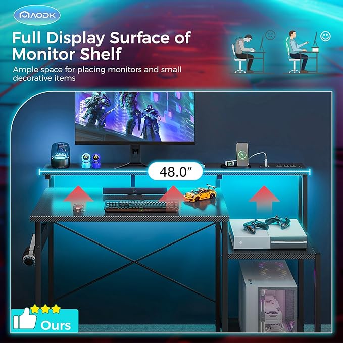 AODK Computer Desk, 48 Inch Gaming Desk with Led Lights & Power Outlet, Office Desk with Storage Shelves, Reversible Desk with Monitor Shelf & Headphone Hook, Carbon Fiber Black
