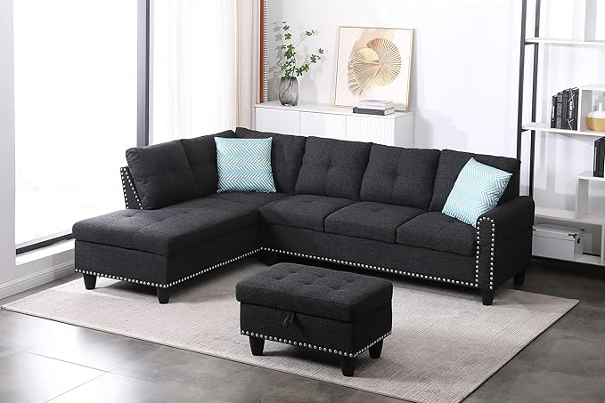 Ball & Cast 98" L Shaped Sectional Couch for Living Room with Chaise & Storage Ottoman,4 Seat Linen Upholstered Modular Sectional Sofa Set 3 PCS W/Cup Holders & Coffee Table,for Home,Office,Charcoal