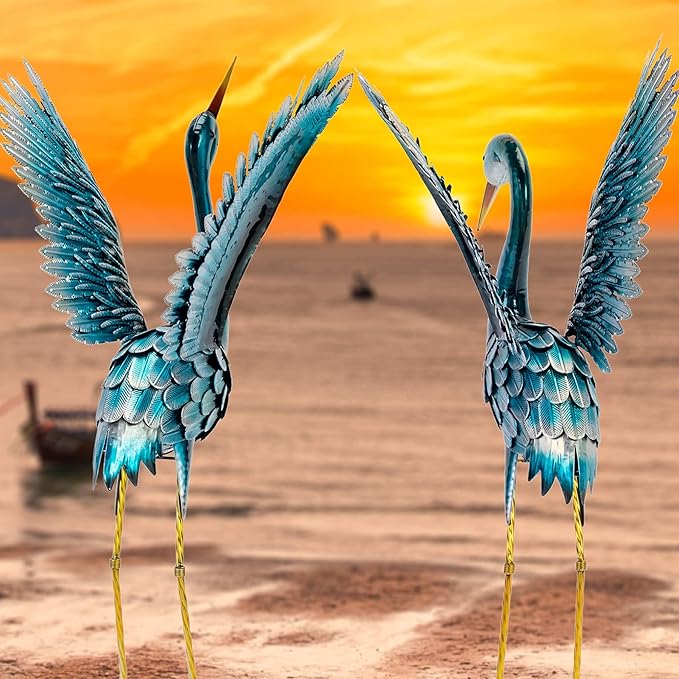 Natelf Garden Crane Statues for Outdoor, Blue Heron Decoy Courtyard Sculptures, Standing Metal Bird Yard Art for Patio Pond Backyard Decor(Set of 2)