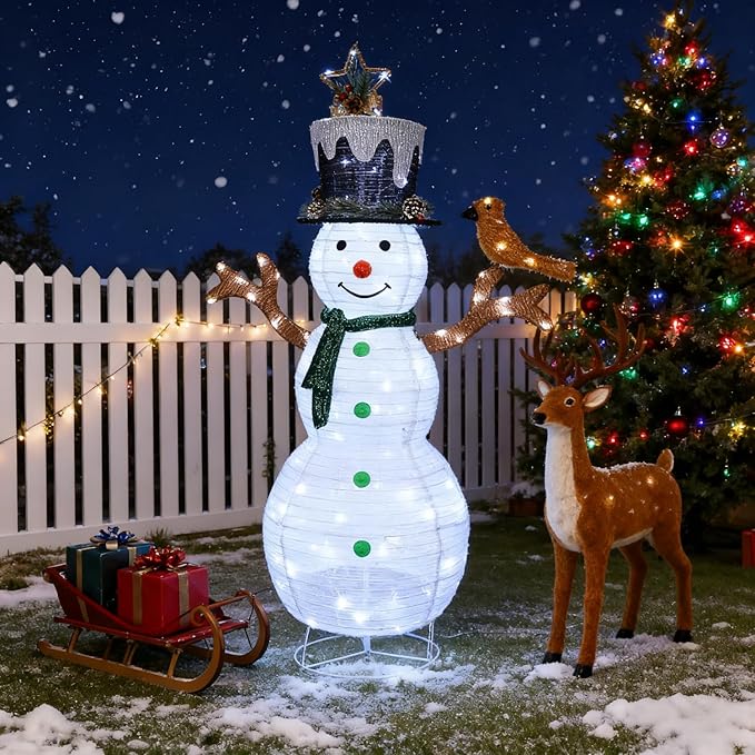 Hausse Lighted Christmas Snowman Decorations, 4.5FT Outdoor Pre-Lit White Collapsible Snowmen with Built-in Lights, Light Up Pop Up Xmas Yard Display, Plug in for Holiday New Year Winter Garden Yard