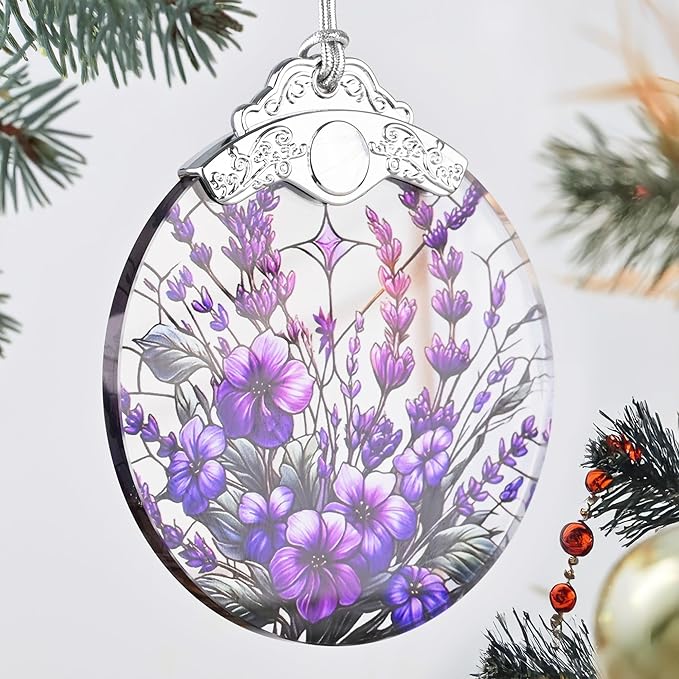 Touber Stained Glass Christmas Ornament, Purple Bauhinia & Violets, 3x3.5 Inch, Hanging, Christmas Tree Decoration