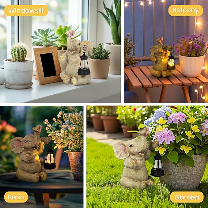 GIGALUMI Solar Garden Statues Elephant with Lantern Elephant Gifts for Women Birthday Gifts for Mom. Elephants Figurine Solar Garden Decor Outdoor Statues for Yard, Patio, Balcony, Lawn, Pond