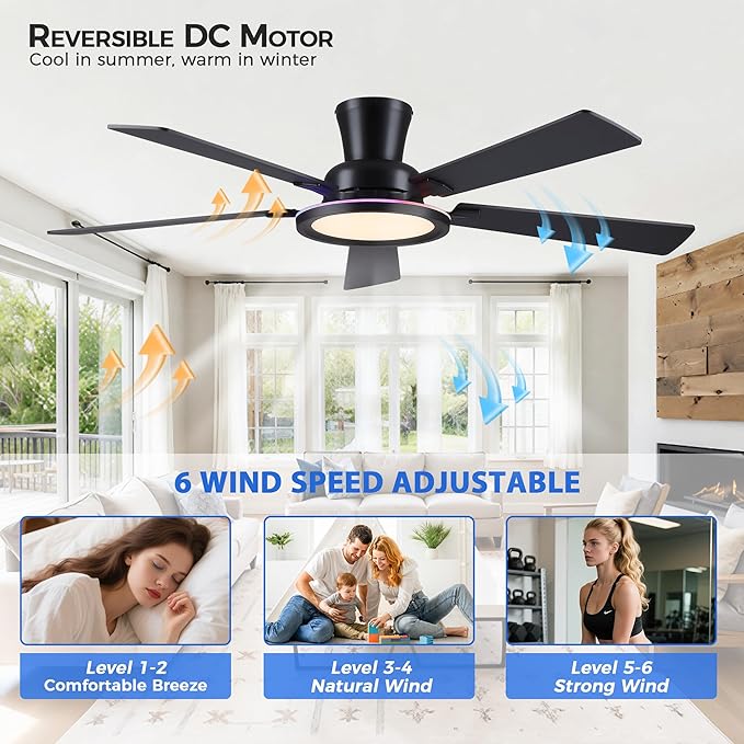 Ayaoty Ceiling Fans with Lights - 52in Flush Mount Ceiling Fan with RGB Dimmable, 3CCT 6 Wind Speeds and Reversible Quiet Motor, Low Profile RGB Fan Light for Modern Indoor, Party - Black RGB