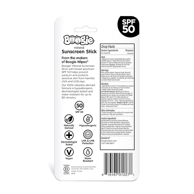 Baby Sunscreen Stick by Boogie Block, Mineral Sunscreen SPF 50, FSA/HSA Eligible, Travel Size Sunblock for Kids, Zinc Oxide, Water Resistant, Vegan, Fragrance Free Pack of 2