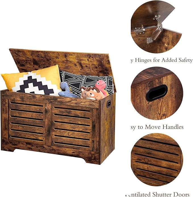 DINZI LVJ Storage Chest, Flip-Top Wooden Toy Box with 2 Safety Hinges, Retro Entryway Shoe Bench, Sturdy Large Storage Trunk for Living Room, Bedroom, Toddler Room, Easy Assembly, Rustic Brown