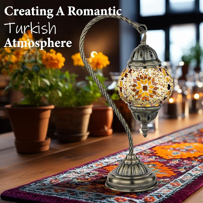 Marrakech Tiffany Lamp Turkish Table Lamp with Vintage Style, Handmade Moroccan Lamps with Mosaic Stained Glass&Swan Neck Bronze Base Including LED Bulb for Living Room Bedroom Decor (Yellow)