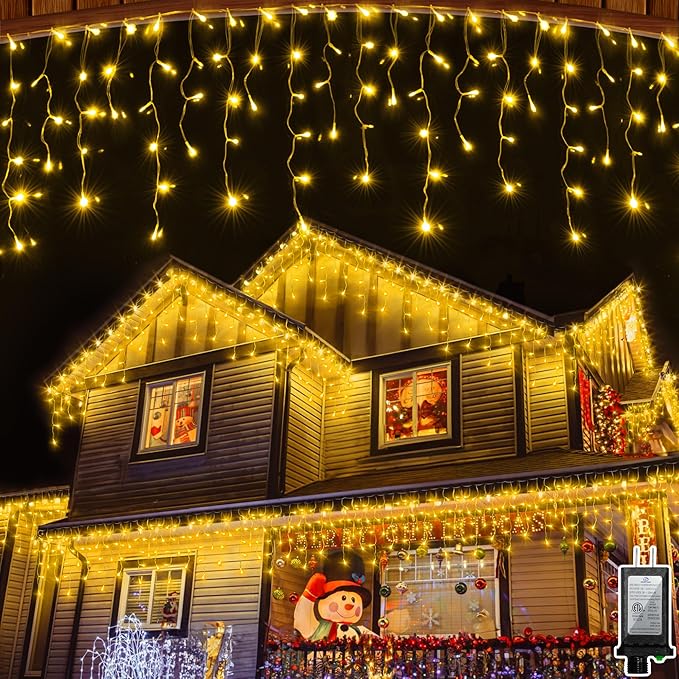 810LED 82ft Christmas Lights, 180Drops 12 Modes Warm White Christmas String Lights Outdoor Dimmable, Waterproof Christmas Decoration Fairy Lights with Timer for Indoor Eaves Party Patio Window Fence