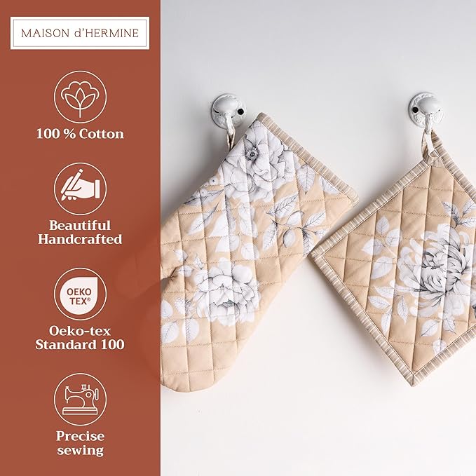 Maison d' Hermine 100% Cotton Oven Mitt & Pot Holder Set (7.5"x13" & 8"x8") Heat Resistant BBQ Cooking Gloves with Loop for Thanksgiving Christmas Decorations Handling Hot Pans (Pretty Autumn)