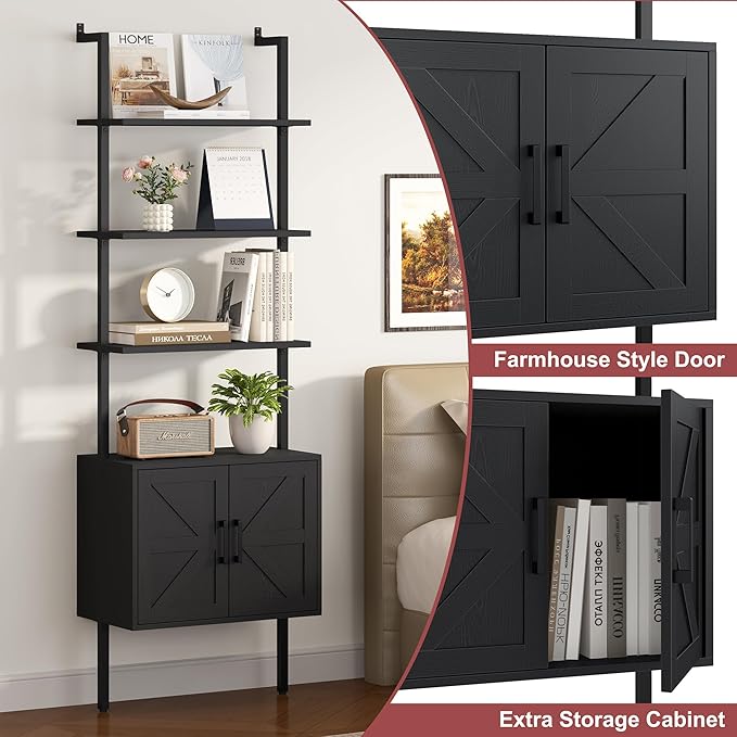 Yusong 73" Tall Bookshelf with Cabinet, Industrial Ladder Wall Mount Shelf Farmhouse Bookcase with Wood and Metal Frame, Plant Shelf Wall Storage Display for Living Room Bedroom, Farmhouse Black