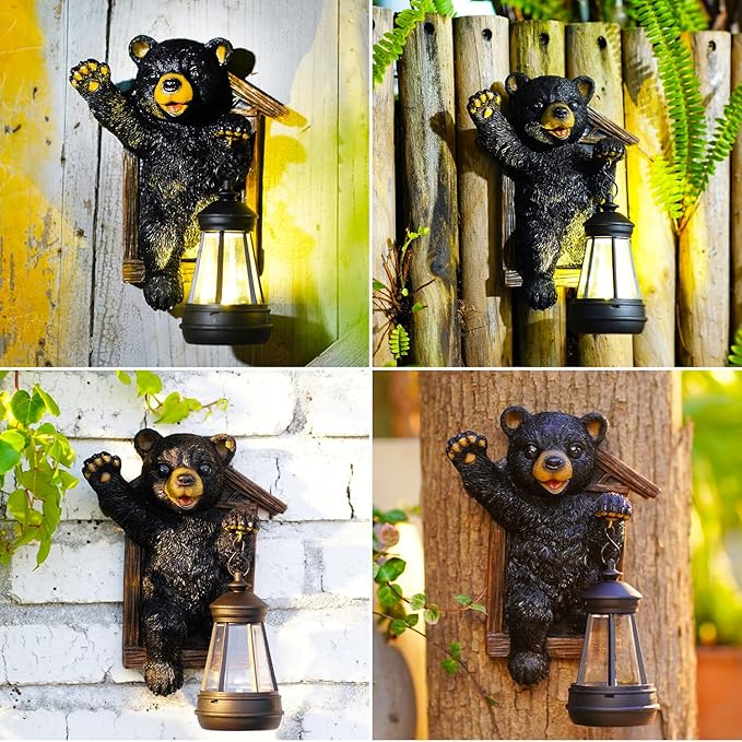 Bear Tree Hugger with Solar Lantern - Resin Bear Statue for Outdoor Garden Decor - Ideal Housewarming & Birthday Gifts for Grandma Mom Women