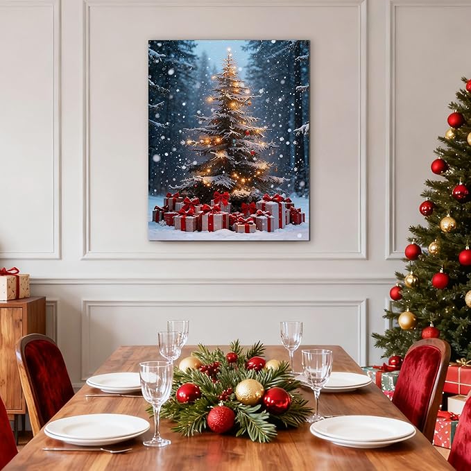 Framed Christmas Pictures Wall Decor,Vintage Pine Tree Prints,Winter Christmas Canvas Wall Art Decoration for Bedroom Bathroom Living Room Rustic Xmas Holiday Gifts (Christmas Tree 14, 24'' X 36'')