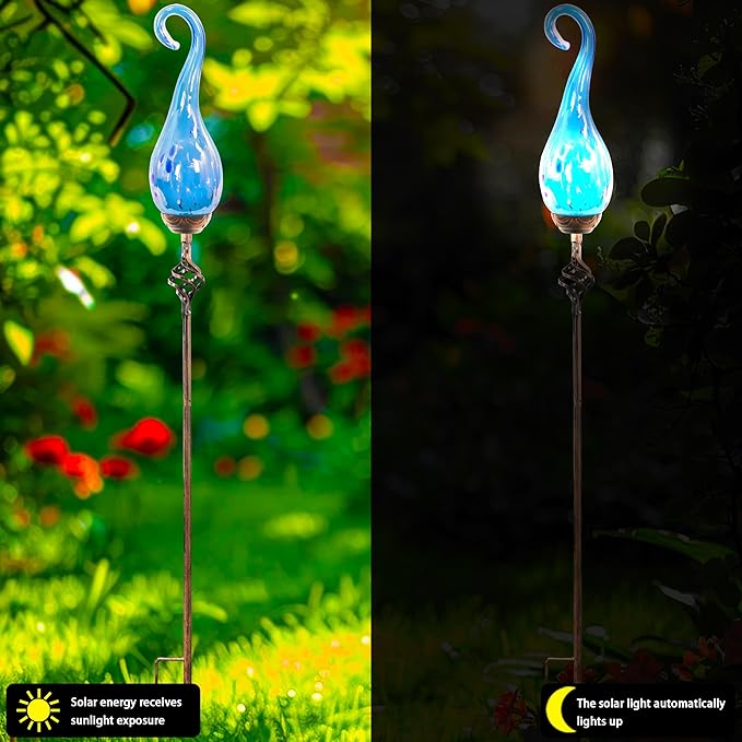 Garden Solar Lights Outdoor, Decorative LED Pearlized Glass Spiral Garden Stake with Finial, Hand Blown Glass and Metal Outdoor Decoration, 3 x 36 Inch (Light Blue)