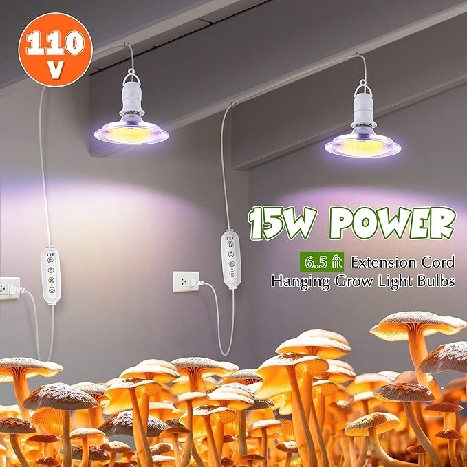 Meonum Mushroom Grow Light with 3/6/9 Hour Timer, 360° LED Hanging Grow Lights Bulb for Mushroom with 6.5ft Extension Cord, 6000K Blue&5000K White Lamp for Indoor Plants Growing Kit Supplies(2 Pack)