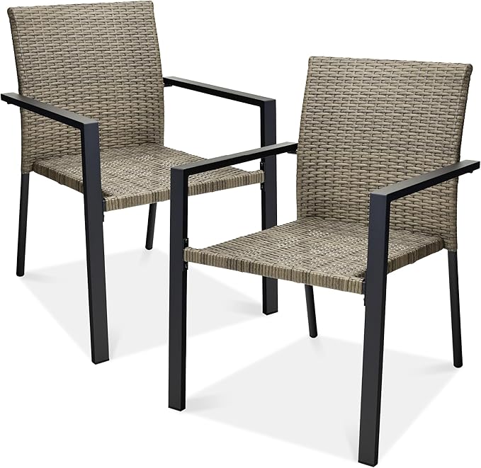 Best Choice Products Set of 2 Stackable Outdoor Wicker Dining Chairs All-Weather Firepit Armchair w/Armrests, Steel Frame for Patio, Deck, Garden, Yard - Taupe