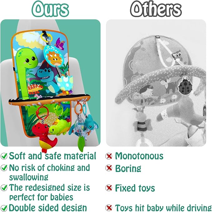 Baby Car Seat Dinosaurs Toys - Kick and Play Double Sided Infant Car Seat Toys with Plush Toys, Mirror, Teether for Baby, Babys Travel Activities, Christmas Birthday Gifts Newborn Infant Toys