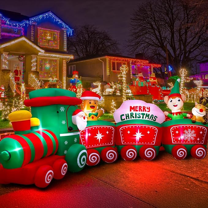 12FT Christmas Inflatables Train Decoration with Santa, Gingerbread Man, Reindeer, Lighted Blow Up Xmas Yard Decor with LED Lights, Holiday Outdoor Lawn Decorations for Garden, Party, Home