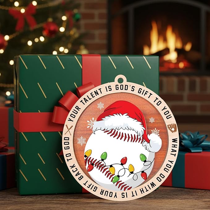 Baseball Christmas Ornaments 2025 - Baseball Ornaments For Christmas Tree - Gifts For Players, Coaches, Fans, Softball Lovers - 2 Layer Wooden Softball Ornament - Sport Lovers Hainging Decor Xmas Tree