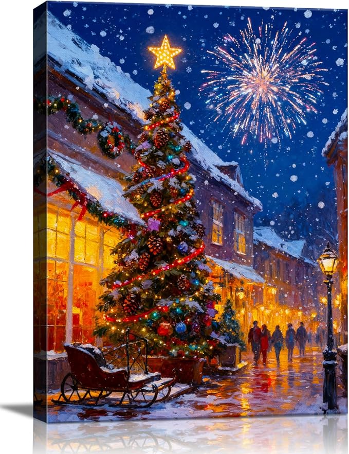 Vintage Christmas Tree and Fireworks Canvas Wall Art - Festive Framed Canvas Prints for Home Office Decor, Rustic Christmas Wall Art Picture, Ideal Christmas Gifts & Festive Decorations