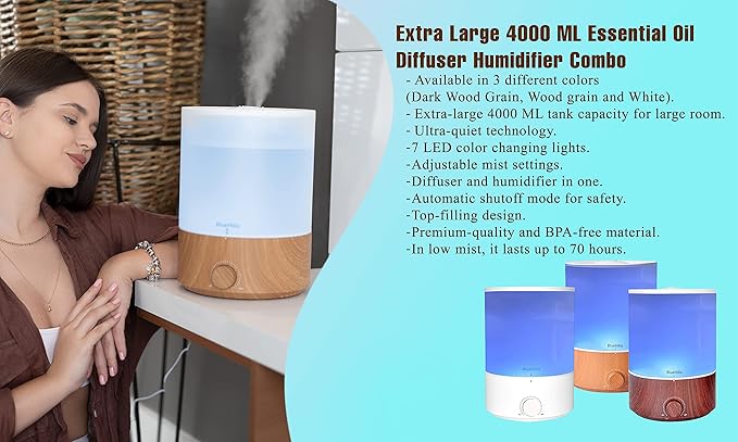 BlueHills Large Essential Oils Diffusers for Large Rooms Set of 2 4000ML Capacity Models Adjustable Cool Mist Output Options – Value Pack of Dark Wood Grain and Wood Grain.