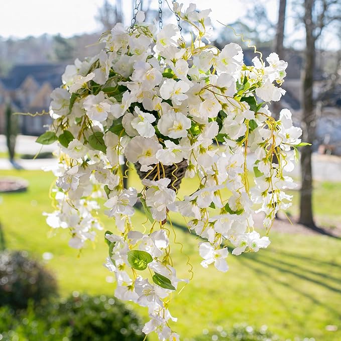 Artificial Hibiscus Fake Hanging Flowers Plants for Outdoor Spring Summer Decoration, 2pcs White Silk Hibiscus Long Trailing Vines UV Resistant Realistic Faux Flower for Outside Front Door Porch Patio