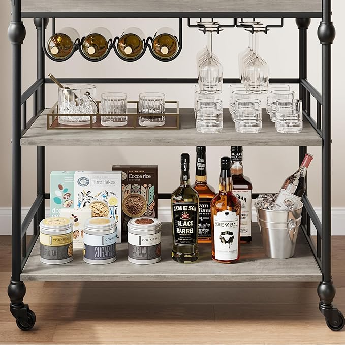 GarveeHome Bar Cart, Bar Carts for The Home, 3 Tier Serving Cart with Wheels, Home Bar & Serving Carts, Metal Rolling Cart with Wine Rack & Removable Tray for Kitchen, Dining Room, Living Room-Grey
