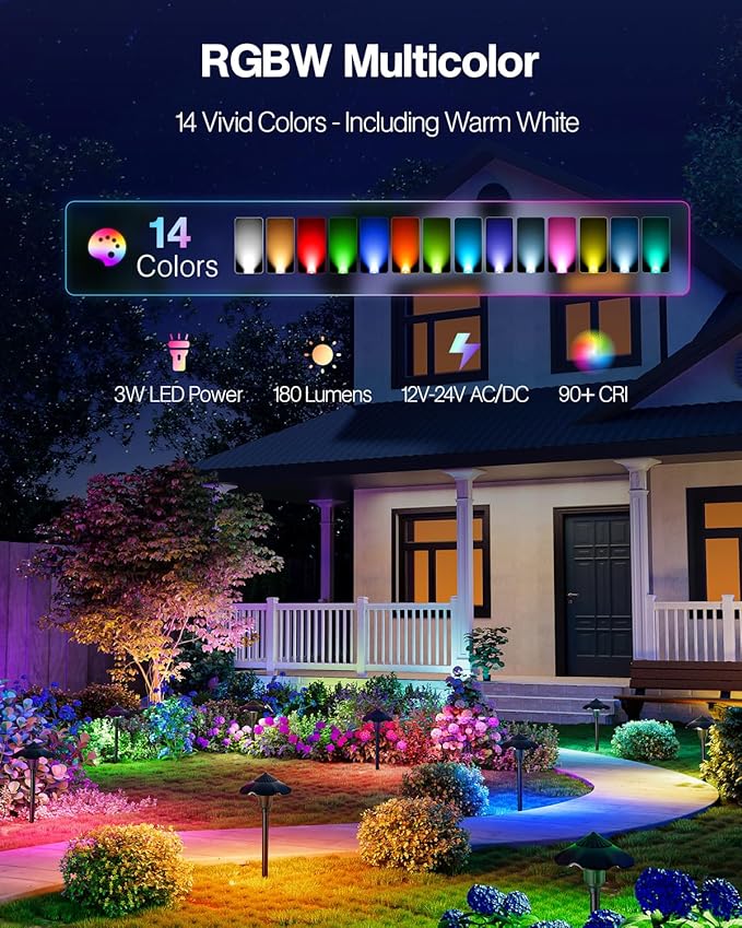 HIBOITEC 8-Pack RGBW Low Voltage Pathway Lights 3W 12-24V LED Landscape Lighting Outdoor Color Changing Landscape Lights Aluminum Waterproof Path Lighting for Walkway Yard Garden