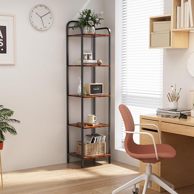 5 Tier Bookshelf, Bookcase with 5 Shelves, Storage Rack Organizer, Corner Wood Storage Shelf with Metal Frame for Bedroom, Living Room, Rustic Brown