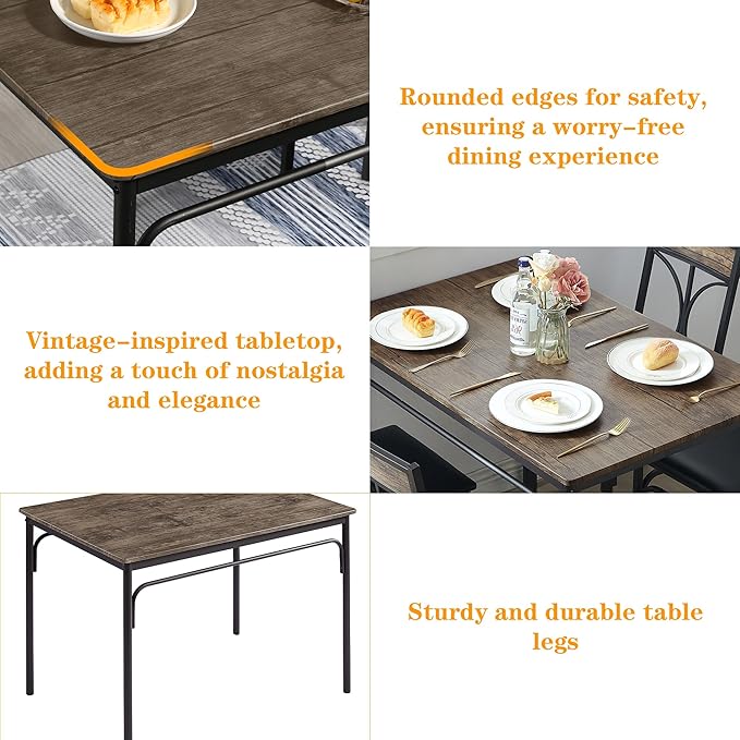 VECELO 5-Piece Dining Table Set for Home Kitchen Small Space Breakfast Nook, 4 Faux Leather Metal Frame Chairs,Rustic Brown,Set for 4
