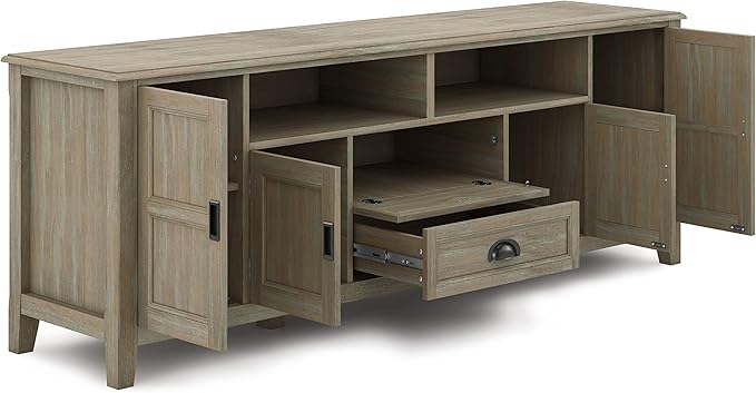 SIMPLIHOME Burlington SOLID WOOD 72 inch Wide Transitional TV Media Stand in Distressed Grey For TVs up to 80 inches for the Living Room and Entertainment Center