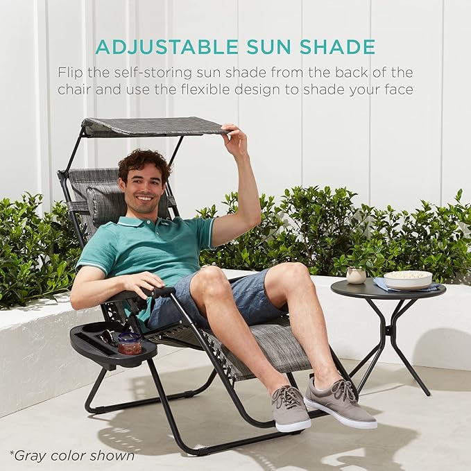 Best Choice Products Folding Zero Gravity Outdoor Recliner Patio Lounge Chair w/Adjustable Canopy Shade, Headrest, Side Accessory Tray, Textilene Mesh - Camouflage