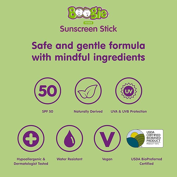 Baby Sunscreen Stick by Boogie Block, Mineral Sunscreen SPF 50, FSA/HSA Eligible, Travel Size Sunblock for Kids, Zinc Oxide, Water Resistant, Vegan, Fragrance Free Pack of 2