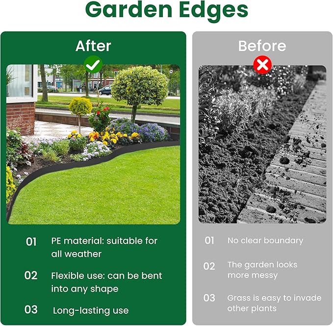 Landscape Edging, 40' 4" Tall Garden Edging with Scissors, Lawn Edging with 36 Garden Spikes and 2 Connectors, Heavy Duty PP&PE Material Edging for Landscaping, Garden, Lawn, Black