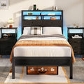 Furnulem Twin Bed Frames with Charging Station and LED Lights, Wood Headboard with 2 Fabric Drawers and Storage Shelves, Twin Size Platform Bed with Metal Slats, No Box Spring Needed, Black Oak