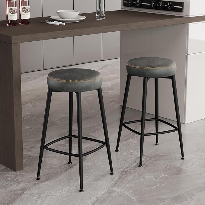 Counter Height Bar Stools, 26" H Backless Bar Stools Set of 4, Upholstered Faux Leather Kitchen Counter Stools, Mid Century Modern, Kitchen Island Home Bar, Pub, Black Grey