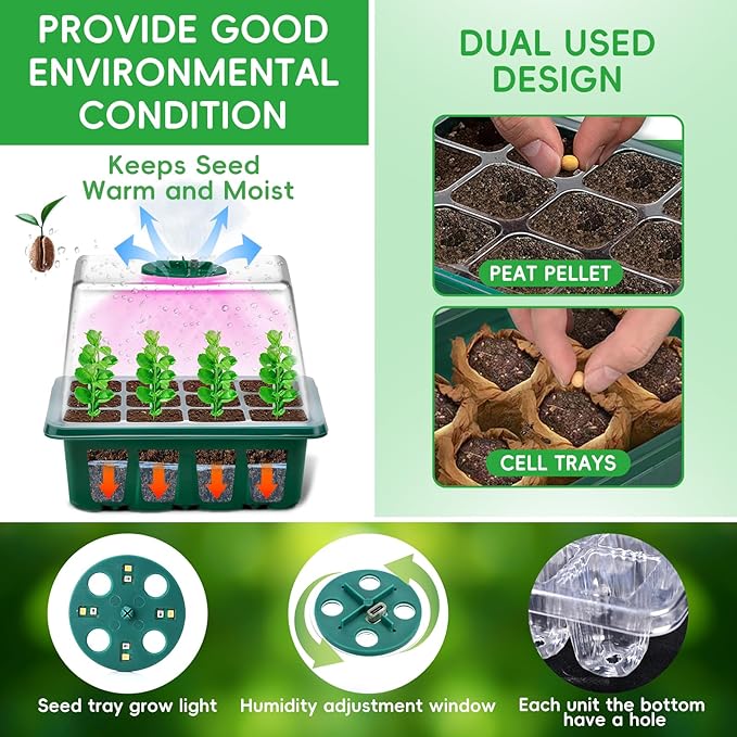 YAUNGEL Seed Starter Tray with Grow Light, 5 Pack Seed Starter Kit with Heat Mat, Seedling Starter Trays with Timing Controller Adjustable Brightness, Thicken Trays with Humidity Domes