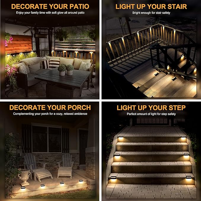 SOLPEX Solar Fence Lights, 6 LEDs Solar Lights Outdoor Waterproof Solar Powered for Deck, Stair, Front Porch, Balcony, Walkway, Garden, Yard, Patio, Pool Decor, IP65 Waterproof (4 Pack, Warm White)
