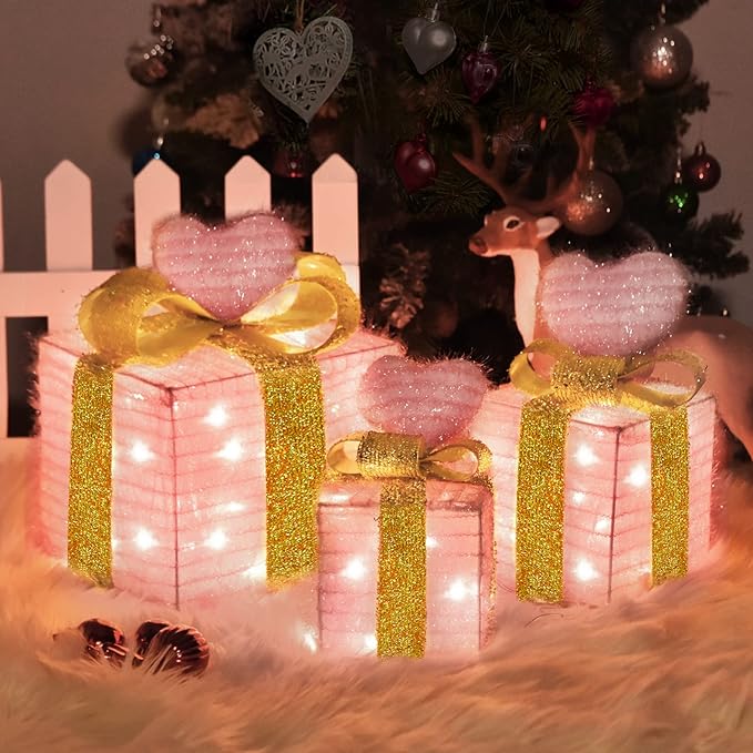 Pink Christmas Decor Light up Gift Boxes with Heart, Light up Xmas Boxes with Battery Operated for Wedding Christmas Valentine's Day Decorations Indoor and Outdoor (3 Pack) (Pink Heart)