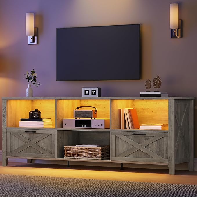 YITAHOME 70 Inch Farmhouse TV Stand with LED Lighting, Fits TVs up to 80 Inches, Media Console with Storage and Customizable Divider, Entertainment Center for Living Room (Grey)