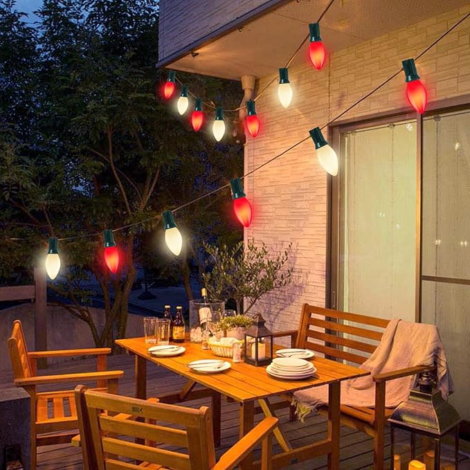 C7 LED Red and White Christmas Lights, 25Ft Outdoor Christmas Decorations Light with 27 Shatterproof LED Bulbs, Hanging Vintage Christmas Lights for Christmas Tree Roofline Holiday Party Backyard