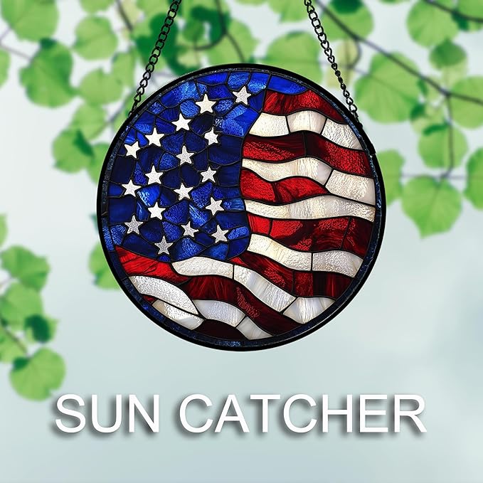 Stained Glass Window Hanging 4 Pcs Set Red Blue Flag Freedom Theme 6.3" - Suncatcher Door Garden Sun Catcher Decor Birthday Christmas for Mom Woman Nana Men Friend
