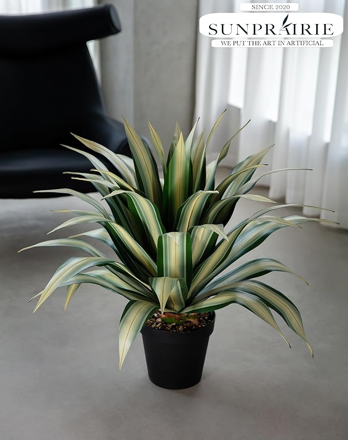 SUNPRAIRIE Life-Like Extra Large 34 Inch Tall Artificial Agave Plant. Cream Leaves with Textured Dark Green Stripes. UV Resistant Faux Plants. Outdoor and Indoor Large Artificial Plants.