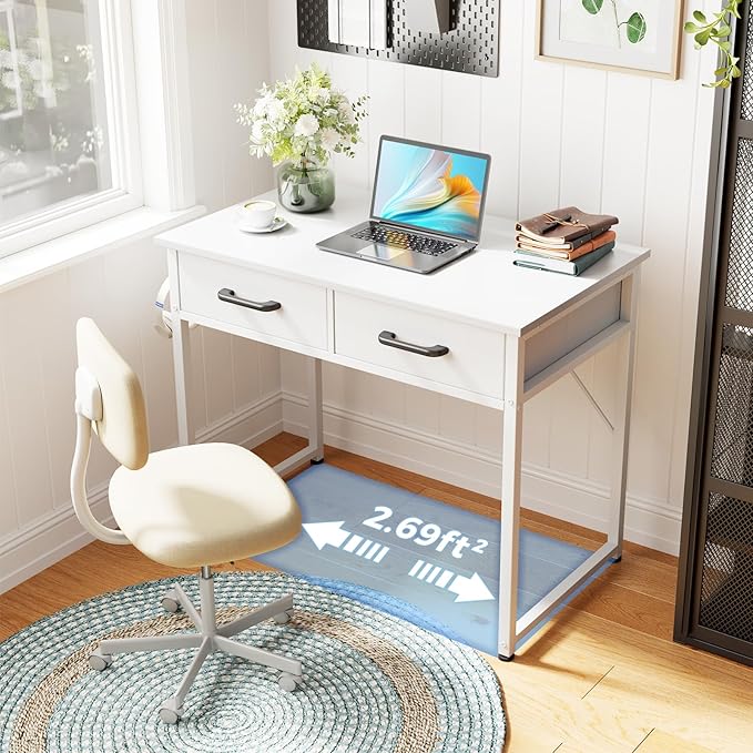 Casaottima 32 Inch Small Office Computer Desk with 2 Drawers & Headphone Hook - Compact Writing Desk for Home Office, Study or Work, Modern Space-Saving Design for Small Spaces, White