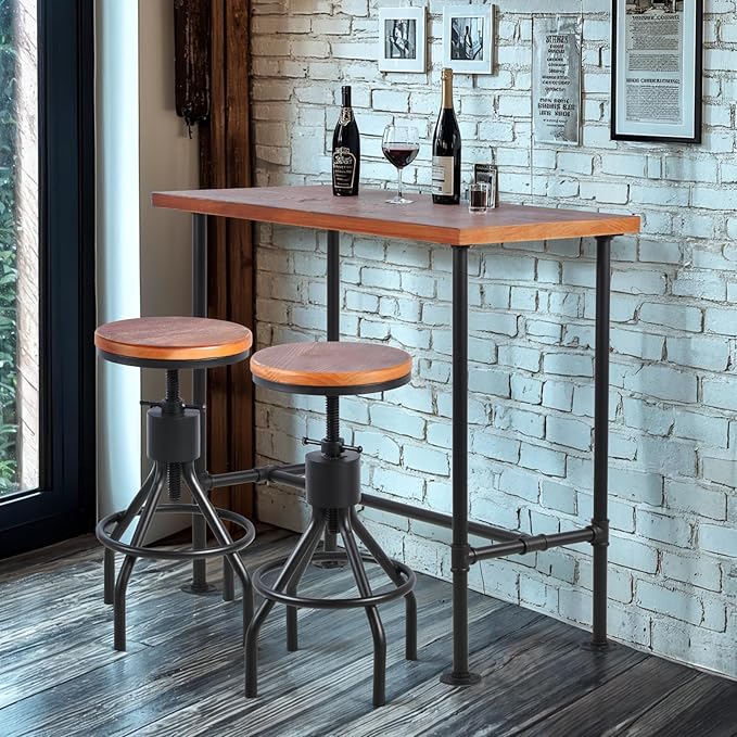 Industrial 41.3inch Height Bar Table Vintage Pipe Design Bistro Table Rustic Kitchen Dining Breakfast Desk Farmhouse Office Computer Desk Wooden Top Pub Coffee Table