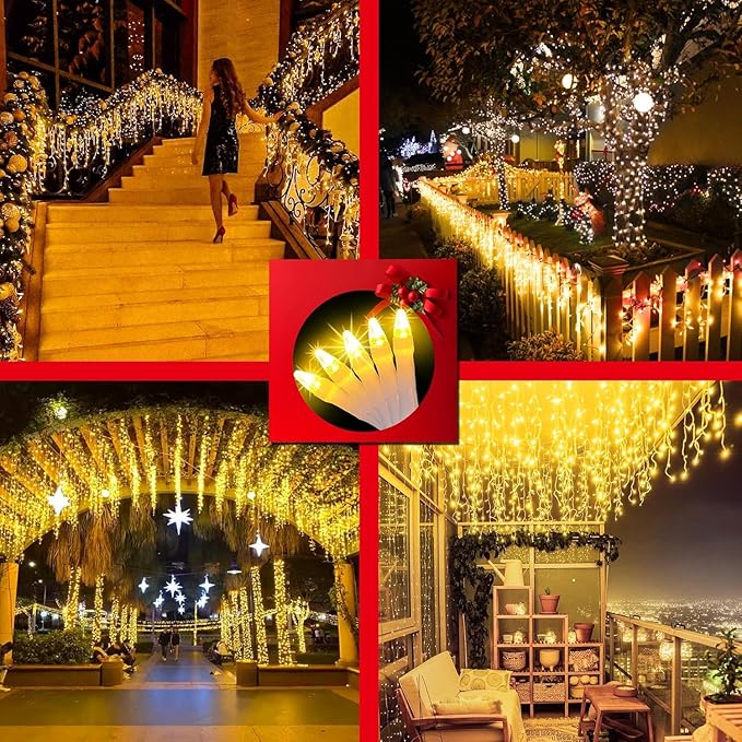 810LED 82ft Christmas Lights, 180Drops 12 Modes Warm White Christmas String Lights Outdoor Dimmable, Waterproof Christmas Decoration Fairy Lights with Timer for Indoor Eaves Party Patio Window Fence