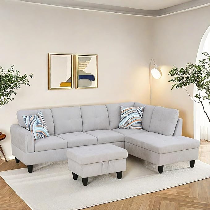 NAYSAYE Sectional Couch with Ottoman Storage, L Shaped Couch Sofa Furniture Sets, Modern Comfy Modular Comfy Sofa for Living Room Bedroom, Office and Apartment, Grey